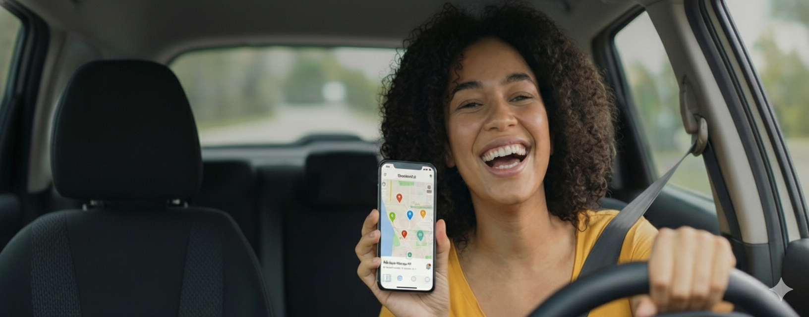 Smiling mystery shopper driving and displaying ShopQuest on a phone